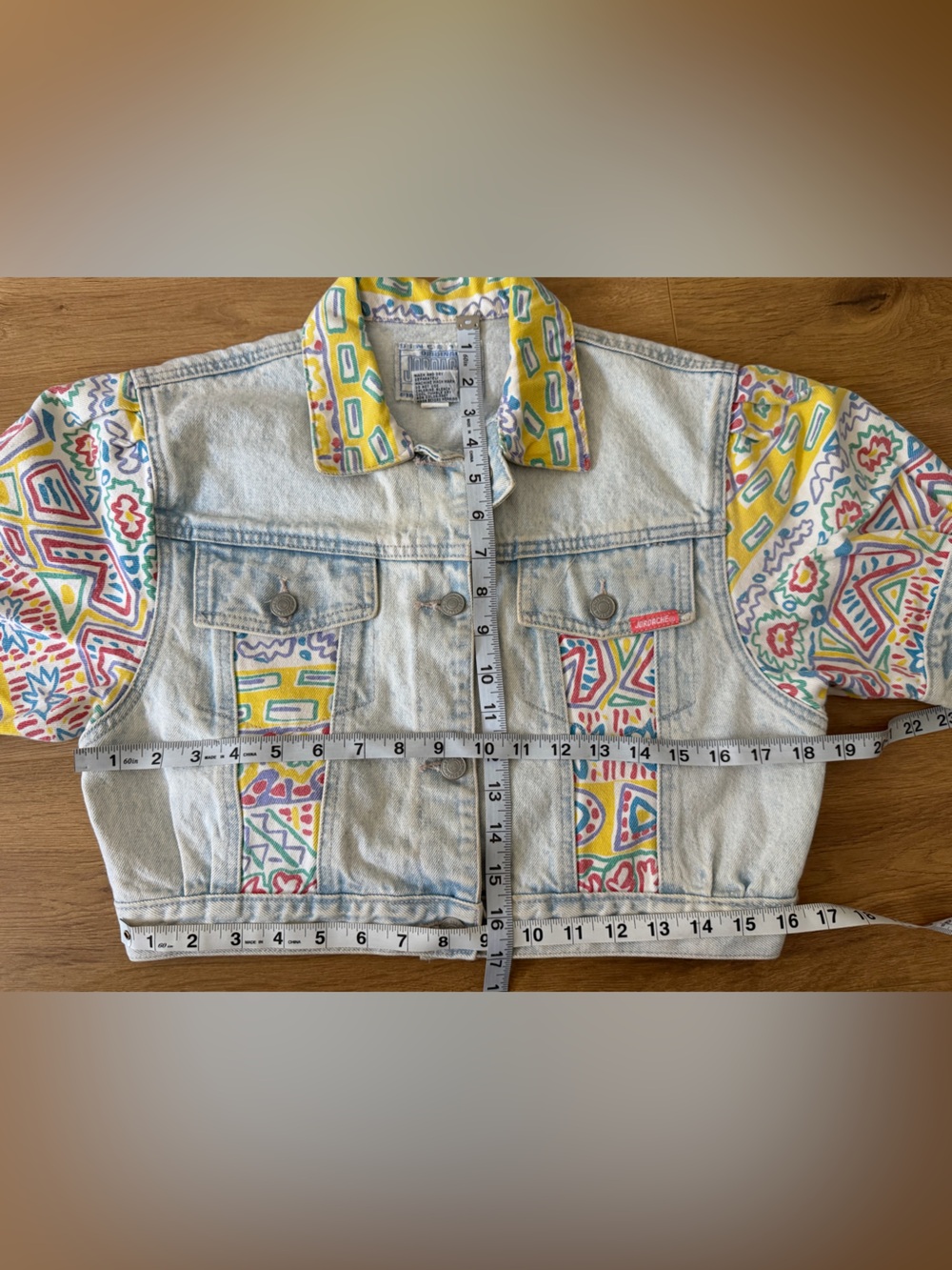 Jordache Light Wash Denim Crop Jacket with Yellow, Pink, Green & Blue Print - Picture 10 of 16